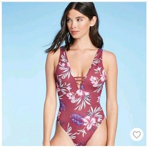 Pink Floral Plunge One Piece Bathing Suit
